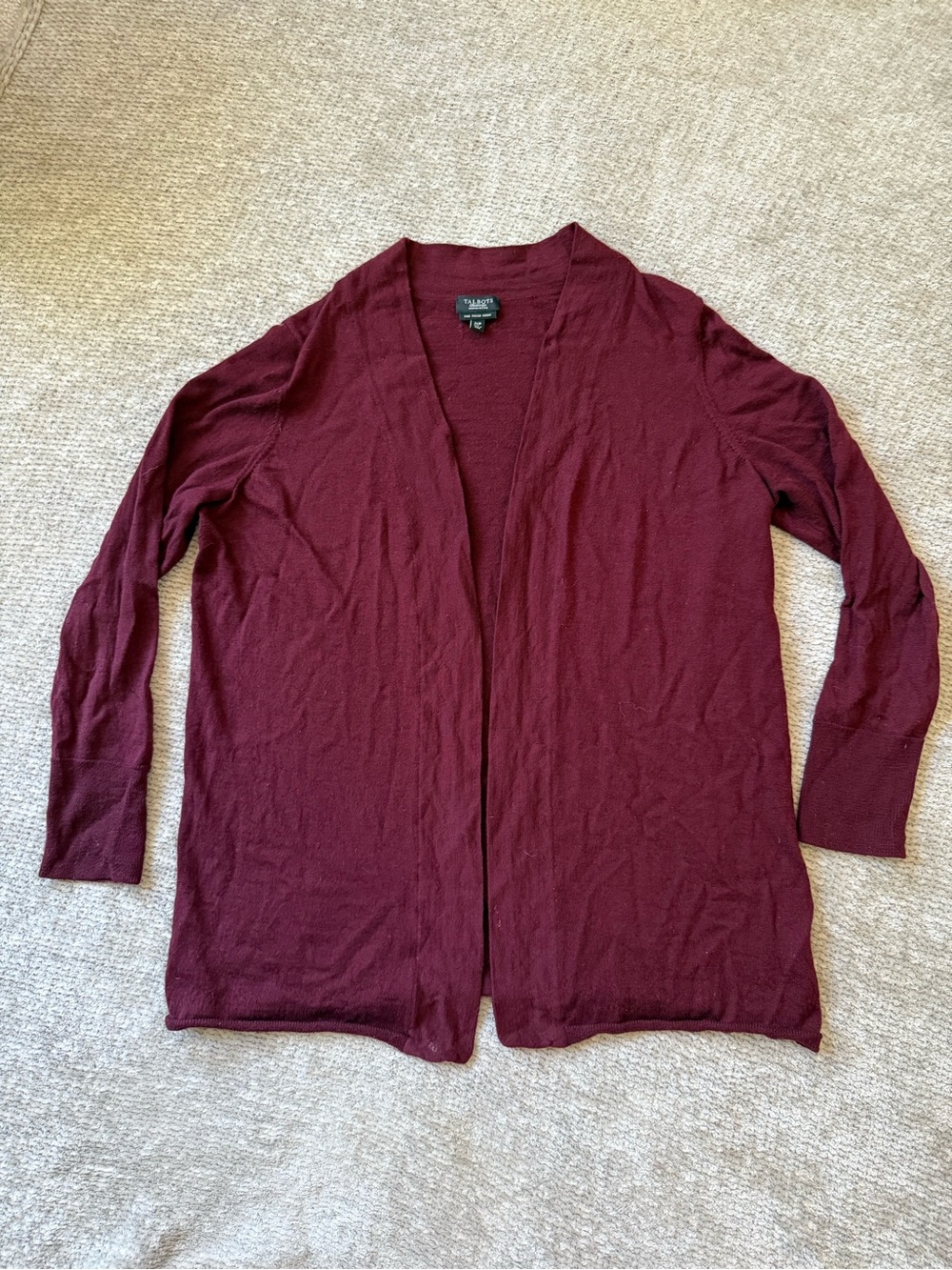 Talbots Woman Petites 1XP Burgundy Pure Italian Merino Wool Open Cardigan